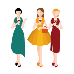 ドレスを着た女性3人組。片手にはワイングラスを持っています。