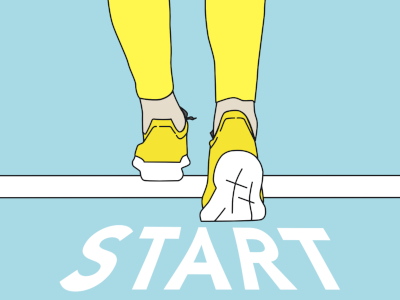 「スタート」と書かれているラインから一歩踏み出す人の足元が描かれているイラストです。背景は薄いブルー、足元は黄色い色です