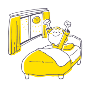 起床の様子を、白と黄色で描いたイラスト。ベッドで起き上がり、伸びをしている女性のイラストが描かれています。