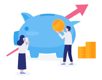 節約のイメージイラストです。大きな豚の貯金箱の後ろに右肩上がりの矢印。右側にコインが積み上げられており、男性と女性が描かれています。