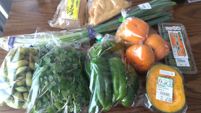 農産物直売所で買った野菜や地域の名産品。かぼちゃ、柿、ルッコラ、ピーマン、こんにゃく、油揚げ、柿の葉寿司、ねぎ、枝豆が写っています