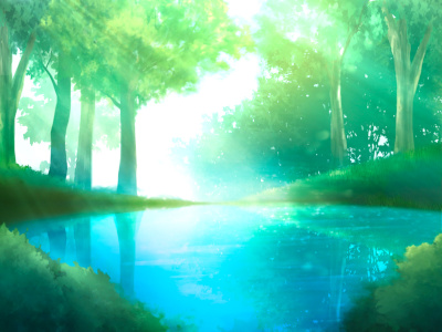 緑深いけれど、日の光に輝く森の中にエメラルドグリーンの池が描かれた幻想的なイラストです