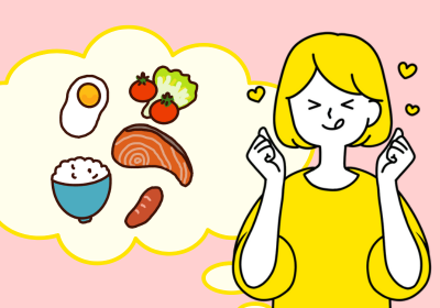 色々な食べ物を想像して美味しそう、という表情を浮かべている女性のイラスト。卵やシャケ、白米、ウインナー、野菜など
