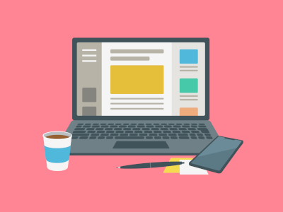ピンクの背景に、パソコンとスマホ、メモやペン、コーヒーが置かれているイラストです。画面にはブログの記事が映っています。