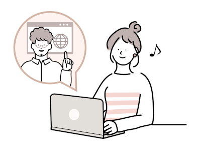 オンラインセミナーのイラスト。女性が自宅からパソコンの前で授業を受けている様子が描かれています。