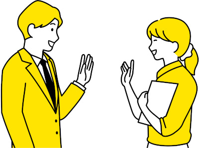 向き合って笑顔で会話している女性とスーツ姿の男性のイラストです。黒の線画に黄色のカラーリング。