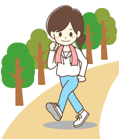街路樹の脇を散歩している女性のイラストです。髪はまとめ、白いスウェットに水色のズボン、首からピンクのタオルをかけています。