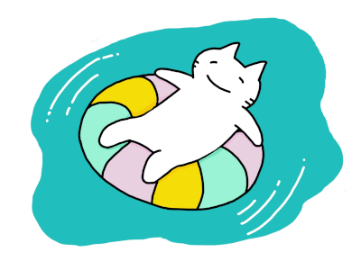 白い猫が海で浮き輪の上で寝そべって漂っているイラストです