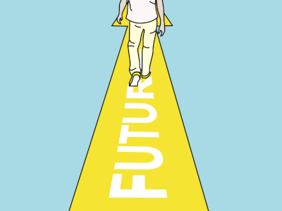 未来へと歩むイメージイラストです。水色の背景に黄色い道を歩んでいる人の後ろ姿（腰から下の部分）が描かれています。黄色い道には白文字で「FUTURE（未来）」と書かれています