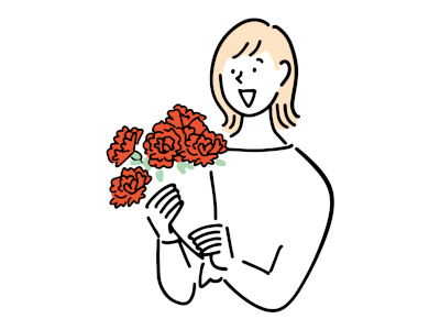 バラの花束を笑顔で抱えている女性のイラストです