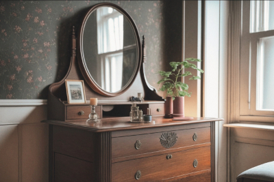 木製の鏡付きチェストの写真です。自然光の入る、茶色の壁紙で白を基調とした部屋に置かれています。